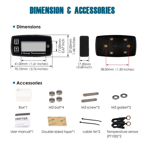 Runleader digital LCD engine temp gauge with dual sensors; includes box, bolts, screws, gaskets, cable ties.