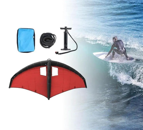 Inflatable Surf Wing For Wind Foil And Kitesurfing with accessories, including pump and bag, displayed next to surfer riding a wave