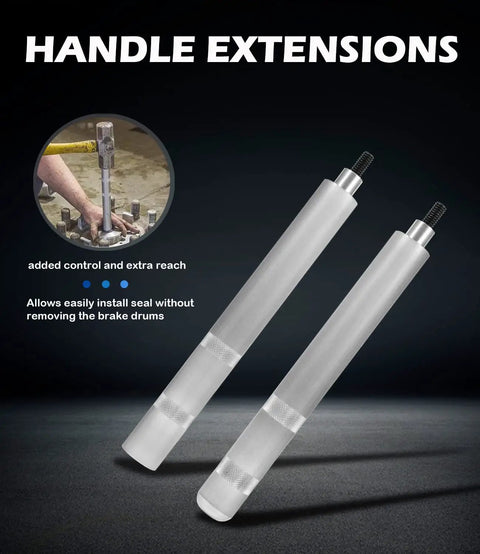 61850 Hub Seal Installer Kit Five Size Drivers For Class 7 And Class 8 Big Rigs Trailers And Some Medium Duty Vehicles Heavy Duty Seal Driver Set handle extensions