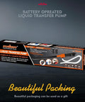 HORUSDY liquid transfer pump box; battery-operated siphon pump with orange nozzle, black and orange packaging.