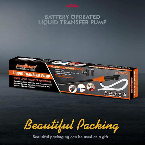 HORUSDY liquid transfer pump box; battery-operated siphon pump with orange nozzle, black and orange packaging.