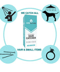 Large Disposable Hair Catcher Strainers For Bathroom Sink And Bathtub Drain 25 Pack White displayed with icons for use.