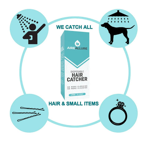 Large Disposable Hair Catcher Strainers For Bathroom Sink And Bathtub Drain 25 Pack White displayed with icons for use.