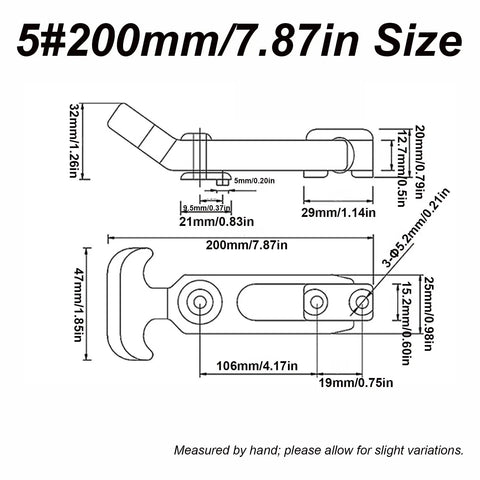 Technical drawing of Elastic Rubber Draw Latch Set 200mm with T Bar Lock and Carbon Steel Bracket dimensions.