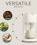 Eco Series Single Serve Coffee Maker brewing coffee with graphic showing versatility for tea, coffee, and hot cocoa.