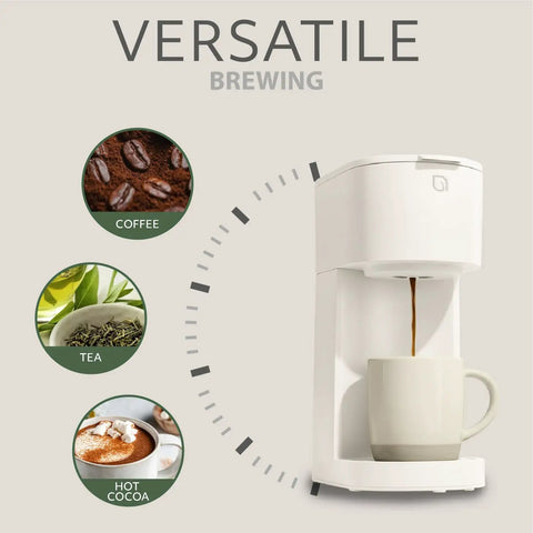 Eco Series Single Serve Coffee Maker brewing coffee with graphic showing versatility for tea, coffee, and hot cocoa.