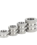 M6 Knurled Stainless Steel Insert Nuts for Injection Molding, showing knurled texture and various sizes in stack view.