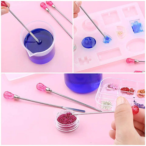 Must-Have 11 Pcs Resin Tools Kit With Stirrers Spoons Poke Needles Anti-Static Tweezers And Pipette For Resin Art Jewelry Making Epoxy Casting DIY Crafts Rose Red in use to mix resin and glitter details in molds.