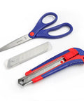 Scissors and utility knife from 125 Piece Household Tool Kit With 3.6 Volt Cordless Rechargeable Screwdriver And 13 Inch Portable Carry Bag