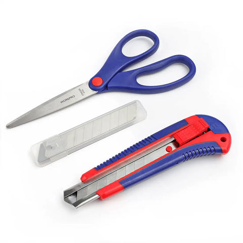 Scissors and utility knife from 125 Piece Household Tool Kit With 3.6 Volt Cordless Rechargeable Screwdriver And 13 Inch Portable Carry Bag