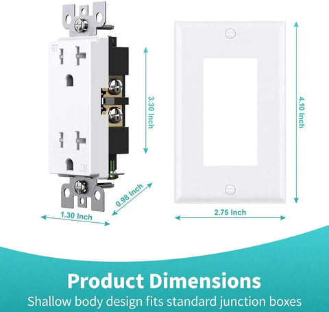 20 Amp 125 Volt Tamper Resistant Decorator Outlet Receptacle With Grounding White UL Listed shown with dimensions