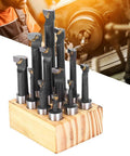Front view: 12-piece F1 5/8 in boring cutter set in wooden block, high-speed steel milling tools