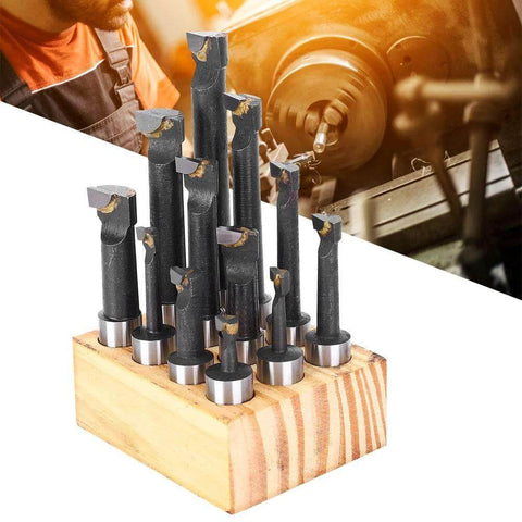 Front view: 12-piece F1 5/8 in boring cutter set in wooden block, high-speed steel milling tools
