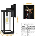 Dusk To Dawn Outdoor Wall Sconce With Photocell Sensor, black IP65 waterproof, die-cast aluminum, E26 base, dimensions shown.