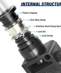 Internal structure of Inline Pneumatic Air Flow Control Valve With Push To Connect Fittings showing plastic, zinc, steel parts