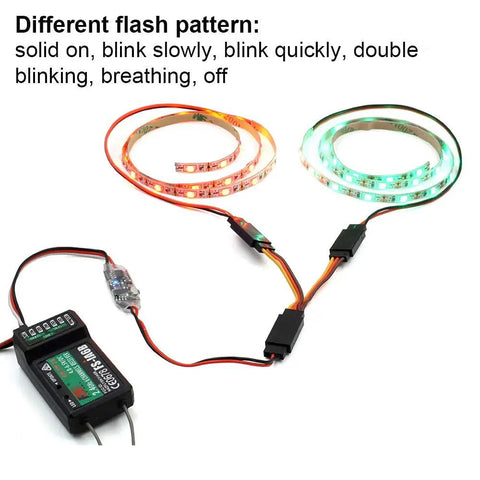 Remote Controlled LED Light Strip For RC Fixed Wing Airplanes And AR Wing Drones With Red And Green LEDs Transmitter Ready And Y Cable Included Dope For Model Cars Trucks And Crawlers, showing LED strips with control module