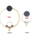 Rad 2 Pack Donut VHF UHF FM Mini Loop Antenna, tunable 50 Ohm, shown in two sizes 10 cm and 5 cm, with SMA connectors.
