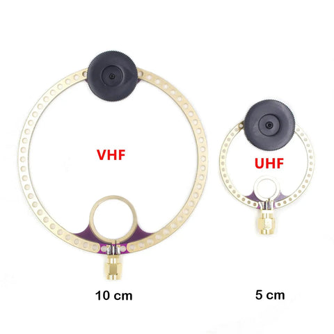 Rad 2 Pack Donut VHF UHF FM Mini Loop Antenna, tunable 50 Ohm, shown in two sizes 10 cm and 5 cm, with SMA connectors.