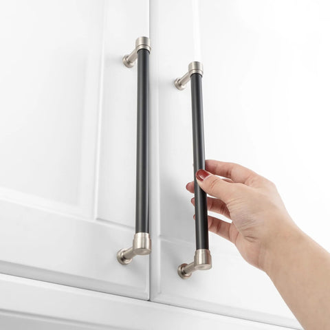 Two Tone Black And Nickel Cabinet Pulls 1 Piece French Style Cabinet Handles installed on white cupboard doors