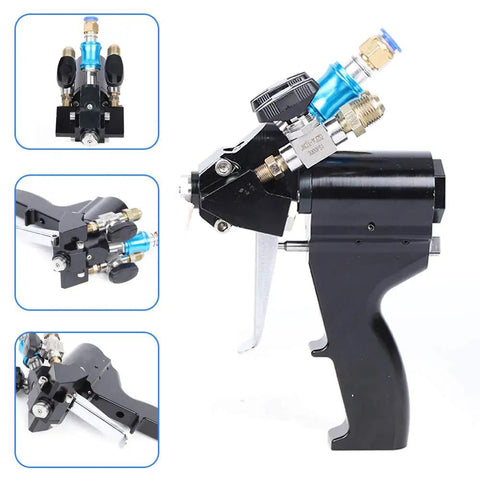 Side view of Heavy Duty P2 Pu Foam Spray Gun With No Sweat Self Cleaning Air Purge Valve and multi angle tips.