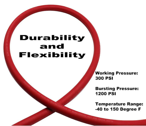 Rubber Lead-In Air Hose Three Eighths Inch By Ten Feet 300 PSI Heavy Duty Kink-Resistant All Weather Flex With One Quarter Inch Brass Fittings And Bend Restrictors Red coiled with durability text.