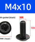 M4x10mm VESA Screws Set With Lock Washers And Flat Washers, 20 Pack, Phillips Head, side view with measurements, black finish.