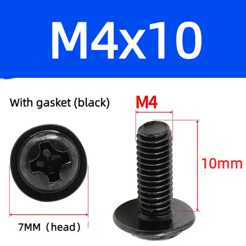 M4x10mm VESA Screws Set With Lock Washers And Flat Washers, 20 Pack, Phillips Head, side view with measurements, black finish.