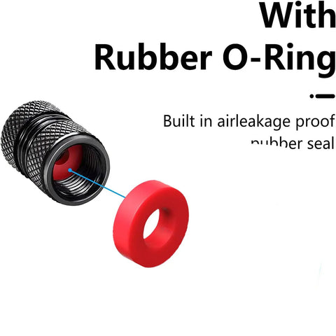 Black Aluminum Tire Valve Stem Caps 4 Pack For Audi S Line S3 S4 S5 S6 S7 S8 SQ2 SQ5 SQ7 SQ8 showing red O ring seal