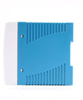 Straight Up Heavy Duty AC DC Din Rail Power Supply 60 Watt 24 Volt Built Tough For CCTV side view with ridged blue housing.