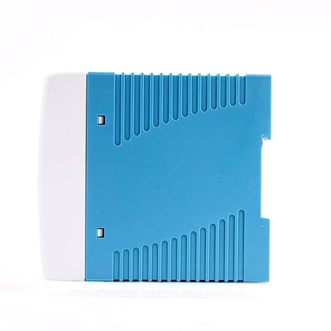 Straight Up Heavy Duty AC DC Din Rail Power Supply 60 Watt 24 Volt Built Tough For CCTV side view with ridged blue housing.
