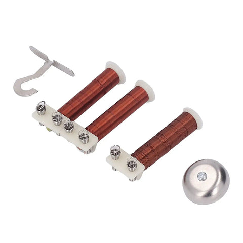 Classroom Magnetic Field Experiment Kit With Helical Coil And Electric Bell, copper coils, hook, and bell components shown