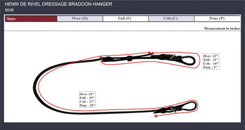 Dressage Bradoon Hanger in Black Cob Size with stainless steel hardware, multiple sizes chart, leather tack for horse training.
