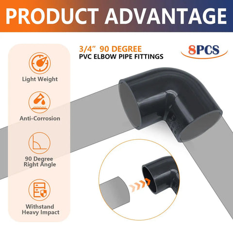 8 Pack Three Quarter Inch Gray PVC 90 Degree Elbow Fittings 2 Way Furniture Grade Pipe Connectors For PVC Piping