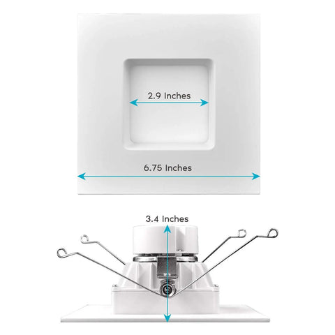 5 And 6 Inch LED Square Recessed Light Kit, Dimmable, 14W Equivalent To 90W, 1100 Lumens showing dimensions and mounting springs