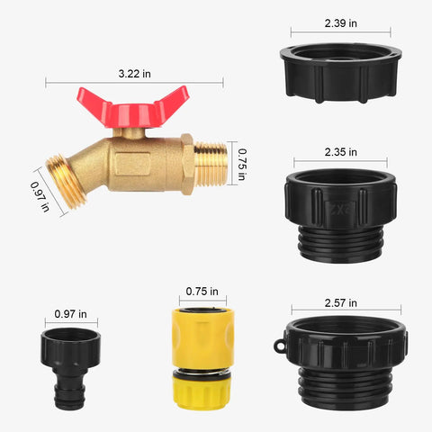 Heavy Duty IBC Tote Adapter Kit For 275 330 Gallon Drums With Three Thread Sizes 1/2 In NPT Inlet, 2 In Fine, 2 In Coarse, And 3/4 In Male GHT Brass Hose Faucet Connector With High Flow Shutoff, brass valve and adapters