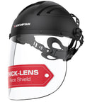 Badass Full Face Shield For Grinding And Cutting With Anti Scratch Polycarbonate Lens Wraparound Visor Certified Ansi Z87 Plus Rated, side view showing black helmet and clear thick lens.