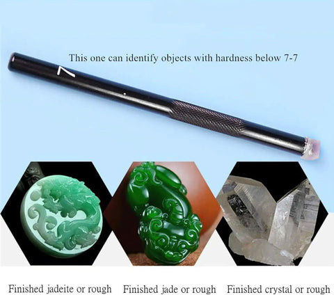 Hella Solid Game Changing Five Piece Mohs Hardness Pen Kit For Testing Gems And Rocks Without Damaging Stones Portable Collector Essential Tool With Authentic Mineral Tips For Jewelry Appraisal And Geology Field Work showing hardness pen and jade pieces.
