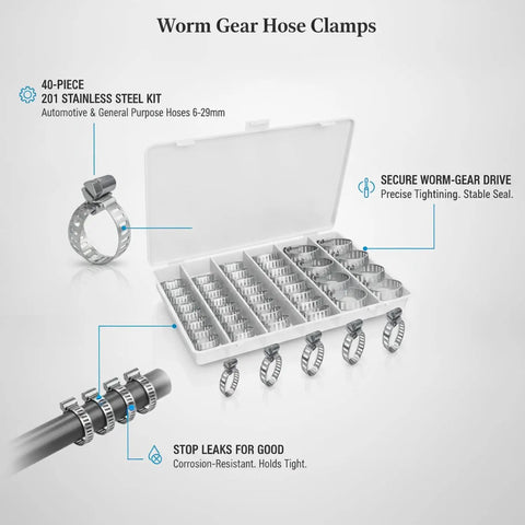 Heavy Duty 40 Piece Worm Gear Hose Clamp Kit For Automotive And Utility Jobs Fits 6-29mm with 201 stainless steel clamps in storage case