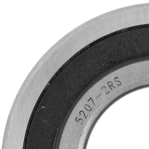 Close-up of Two Pack Angular Contact Ball Bearing 5207 2RS with double rubber seal, inner diameter 35mm, outer diameter 72mm, width 27mm.