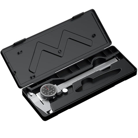 Dial Caliper With Shockproof Black Dial Face, 0-6 In Range, 0.001 In Resolution, Four-Way Measurement in sturdy plastic case