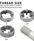 Three NPT dies in PVC Pipe Die Set Six Piece Round Die Kit For PVC Threading with sizes 1/2, 3/4, and 1 inch visible.