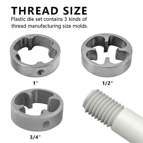 Three NPT dies in PVC Pipe Die Set Six Piece Round Die Kit For PVC Threading with sizes 1/2, 3/4, and 1 inch visible.