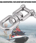 Heavy Duty 304 Stainless Steel Swivel Snap Shackle, rust-proof rigging hardware for marine towing applications.