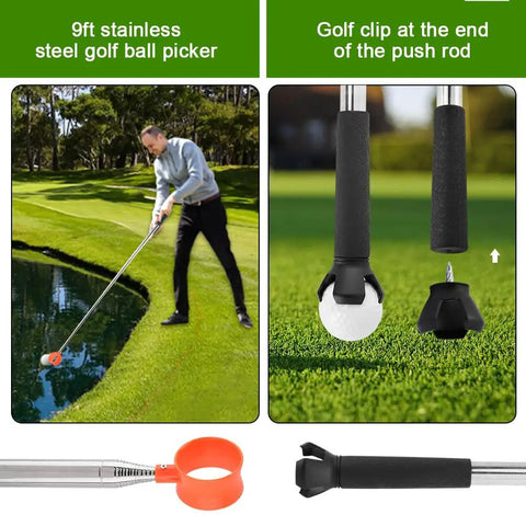Man using 12ft Telescopic Golf Ball Retriever with Grabber, stainless steel build, for easy ball pickup from water pond.
