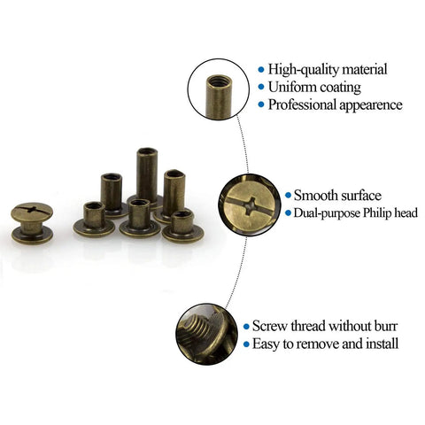 Leather Craft Rivet Kit With Chicago Screws 90 Sets in 6 Sizes, bronze finish, showing dual-purpose Philip head and smooth surface.