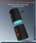 2 In 1 Magnetic Dual Splittable Bluetooth Speaker With IPX6 Waterproof Build And 20W Loud Stereo Sound shown split in two with lights.