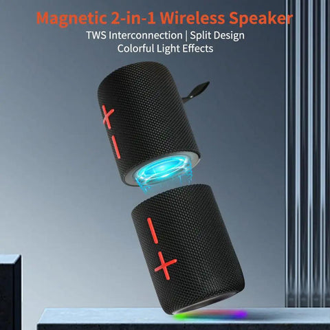 2 In 1 Magnetic Dual Splittable Bluetooth Speaker With IPX6 Waterproof Build And 20W Loud Stereo Sound shown split in two with lights.