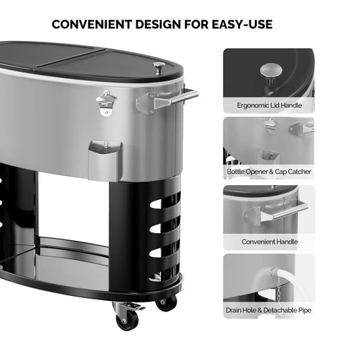 70-Quart Rolling Patio Cooler With Wheels Insulated Ice Chest For Outdoor Barbecues Pool Parties Camping And Beach Trips With Bottom Storage Tray And Bottle Opener Gray with ergonomic lid handle and cap catcher shown