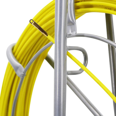 Close-up of Fiberglass Duct Rod Fish Tape Puller Kit With 6mm Diameter And 450 Feet On A Beefy Steel Reel Stand