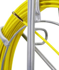 4.5mm 350ft Fiberglass Duct Rodder Fish Tape With Steel Reel Stand, close-up of yellow fiberglass tape and steel reel